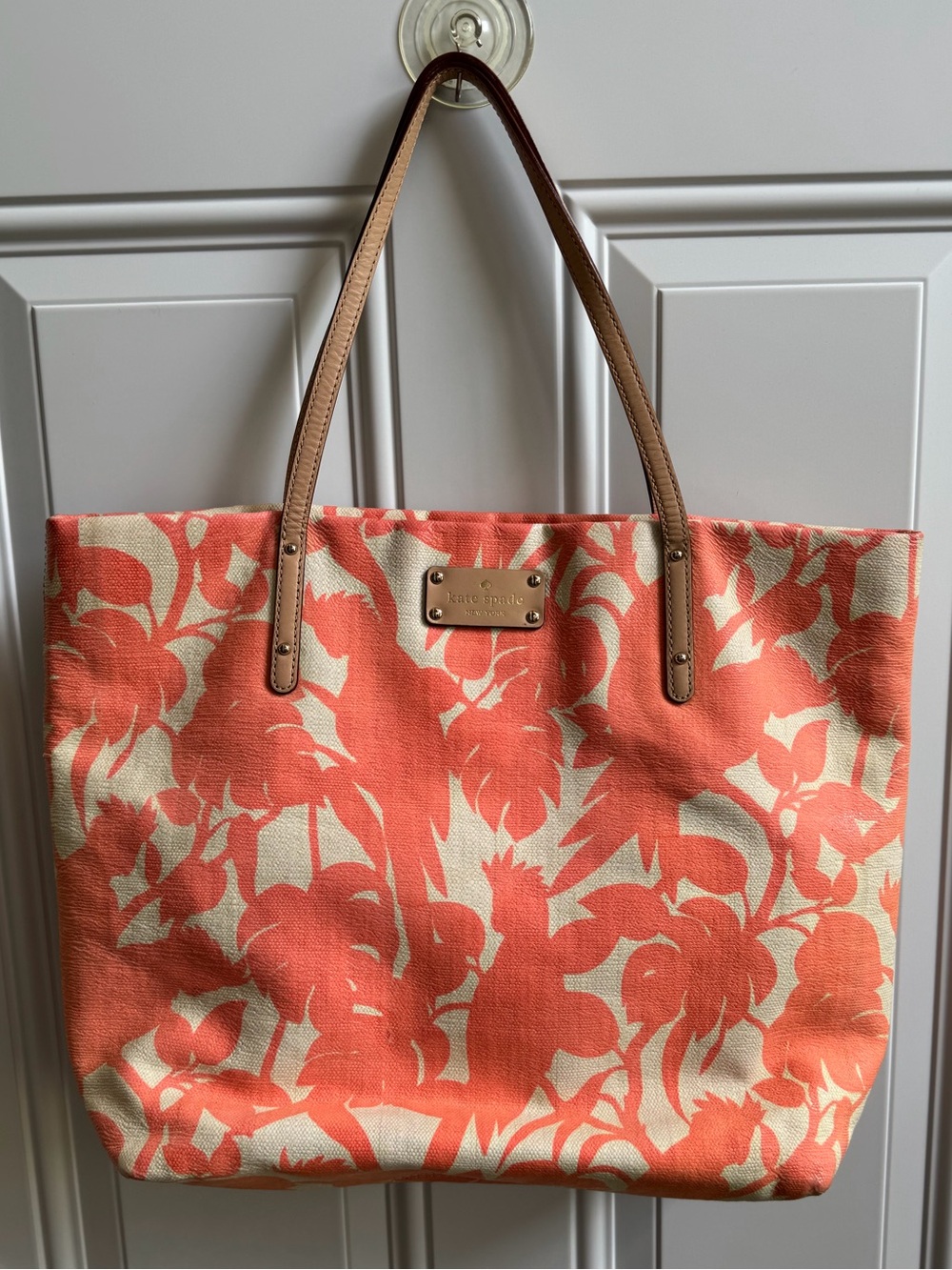 kate spade Coral and Cream Floral Canvas Tote with Tan Straps
